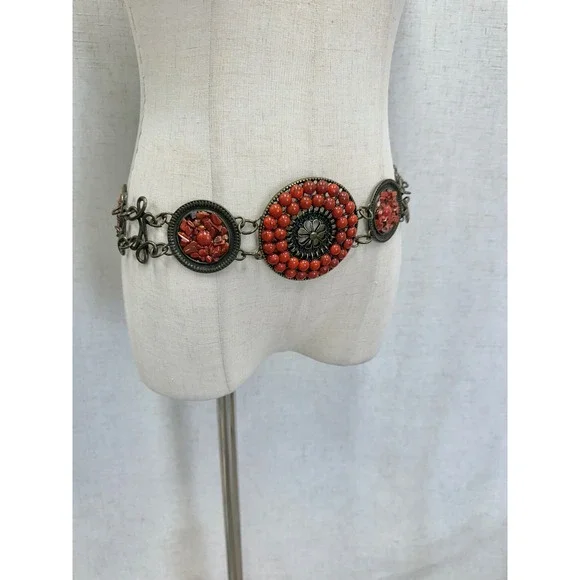 Medallion Chain Concho Belt Womens OS Red Faux Coral Antique Brass Boho Style - Picture 13 of 14